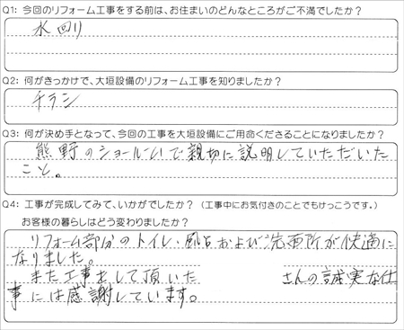 お客様の声（アンケート）大垣市荒尾町橡谷治道様