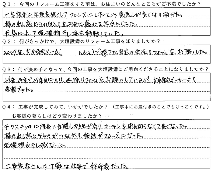   自宅を建てた大手住宅メーカーより信頼できた。丁寧な仕事で好印象だった。