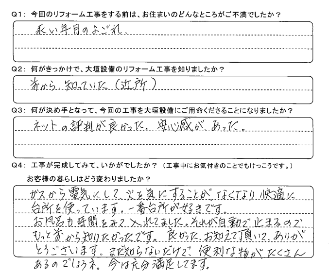   ガスから電気にして火を気にすることがなくなり快適に台所を使っています。